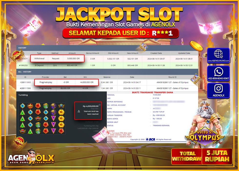 AGENOLX JACKPOT SLOT GATES OF OLYMPUS Rp.5.000.000,- LUNAS