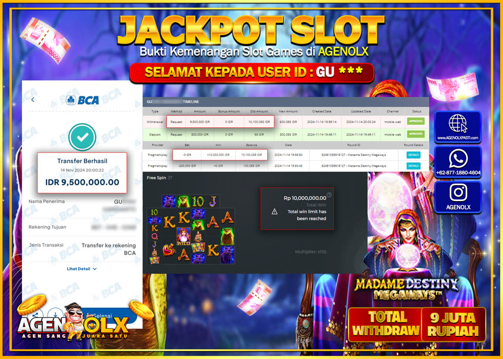 AGENOLX JACKPOT  SLOT Madame Destiny Megaways Rp 9.000.000,- LUNAS