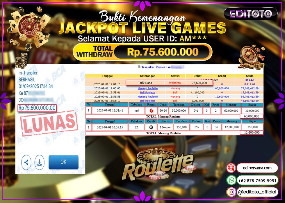 JACKPOT EDITOTO LIVE GAMES ROULETTE Rp. 75.600.000.,- LUNAS