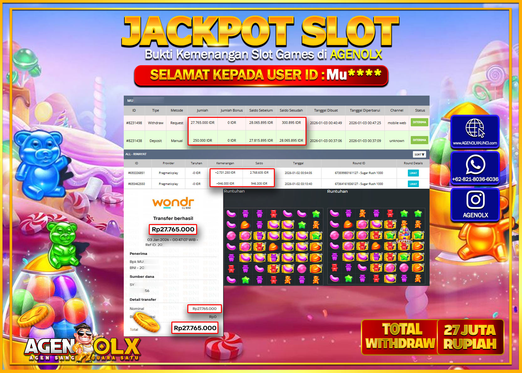 AGENOLX JACKPOT PRAGMATIC PLAY SUGAR RUSH 1000  Rp 27.765.000 - LUNAS