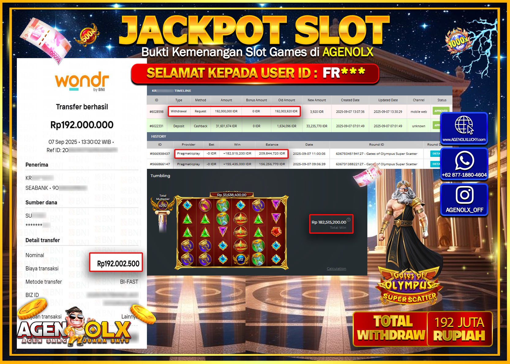 AGENOLX JACKPOT SLOT GATES OF OLYMPUS SUPER SCATTER Rp 192,000,000,- LUNAS