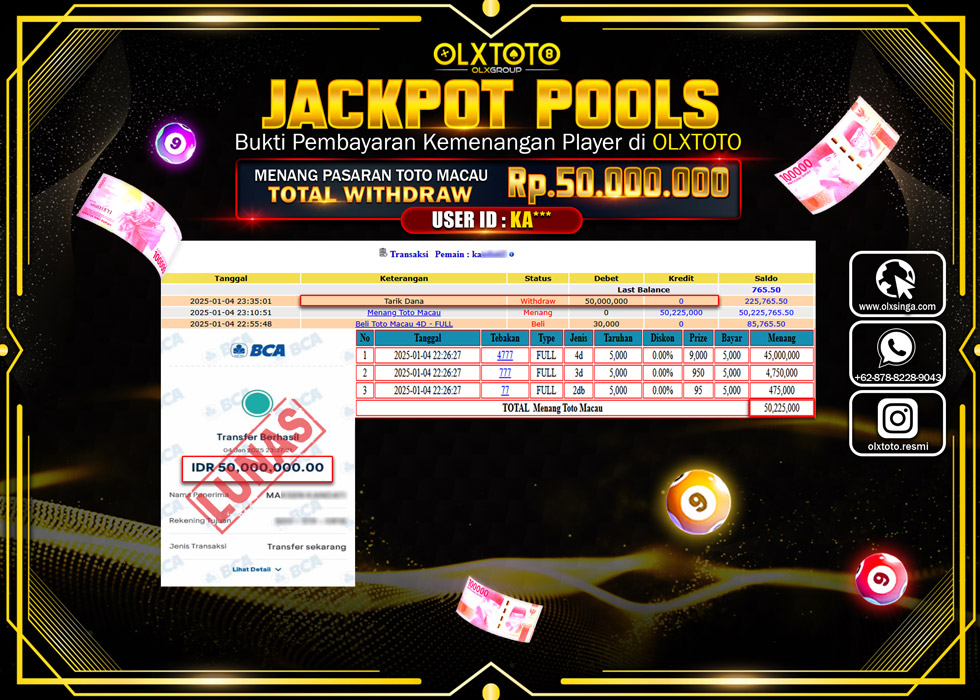 OLXTOTO JACKPOT  TOGEL POOL TOTO MACAU Rp.50.000.000.,- LUNAS