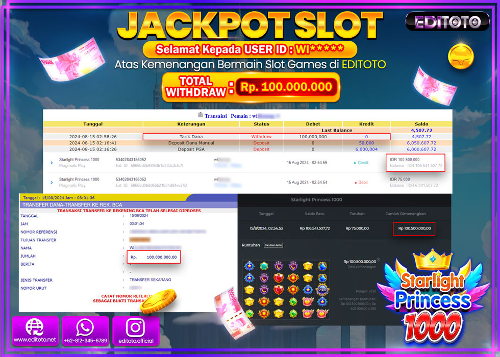 JACKPOT SLOT STARLIGHT PRINCESS 1000 Rp.100.000.000.,- LUNAS