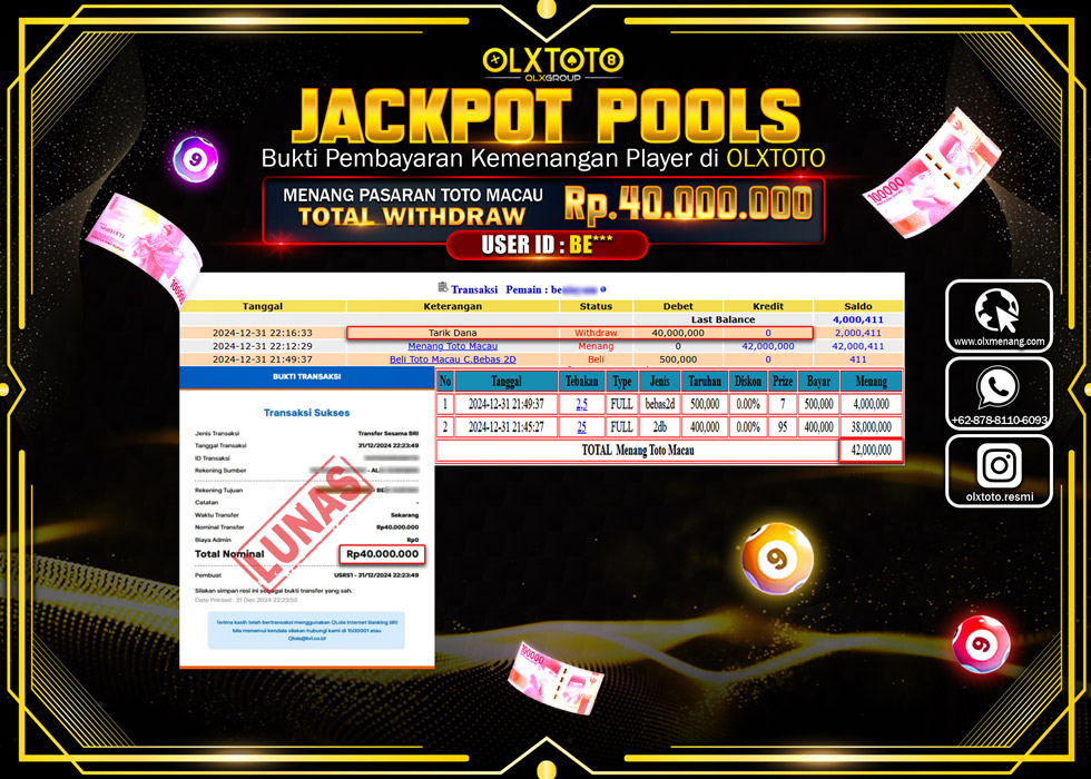 OLXTOTO JACKPOT  TOGEL POOL TOTO MACAU Rp.40.000.000.,- LUNAS