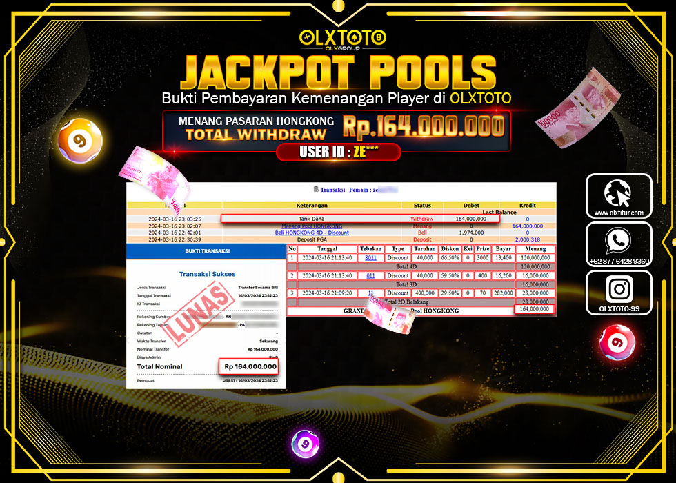 OLXTOTO JACKPOT TOGEL PASARAN HONGKONG Rp.164.000.000.,- LUNAS