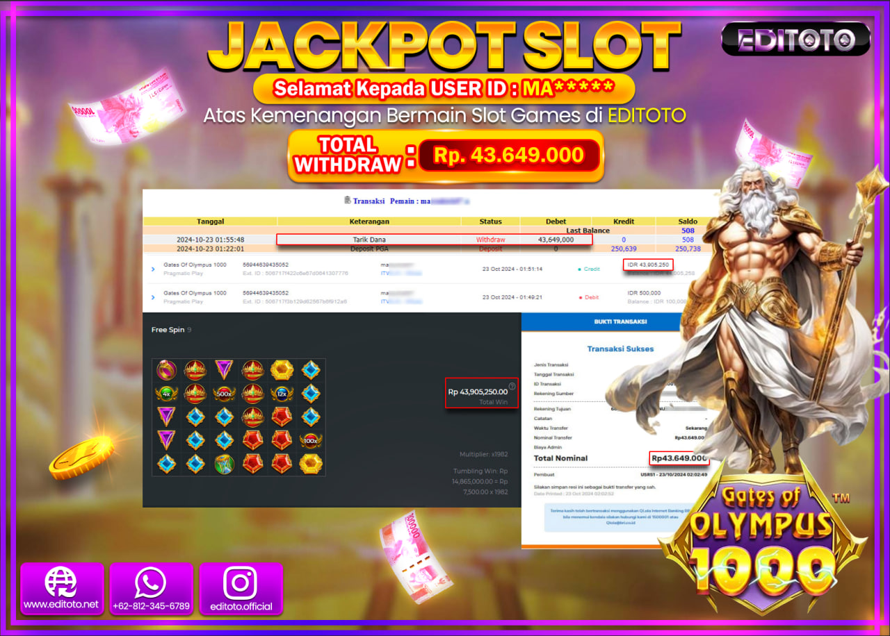 JACKPOT SLOT Gates Of Olympus 1000 Rp.43.649.000.,- LUNAS