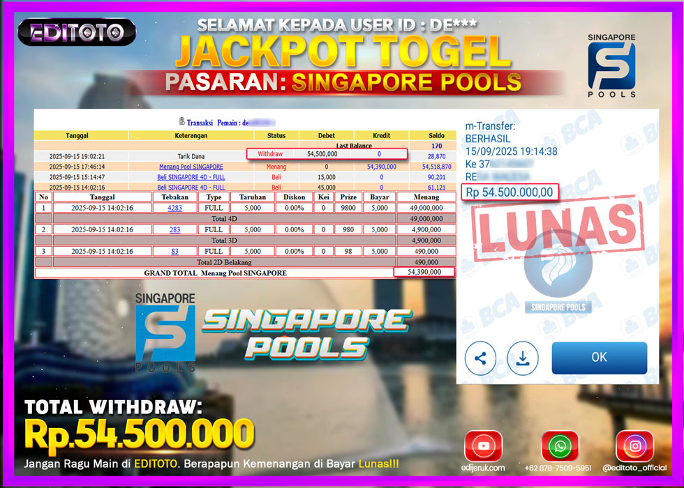JACKPOT EDITOTO TOGEL PASARAN SINGAPORE POOLS Rp.54.500.000.,- LUNAS