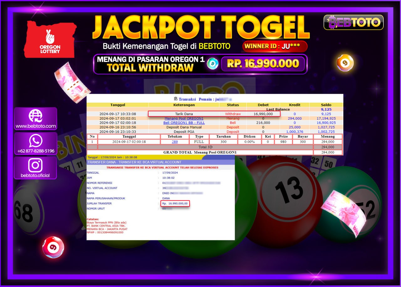JACKPOT TOGEL BEBTOTO OREGON 1 POOLS Rp.16.990.000.,- LUNAS