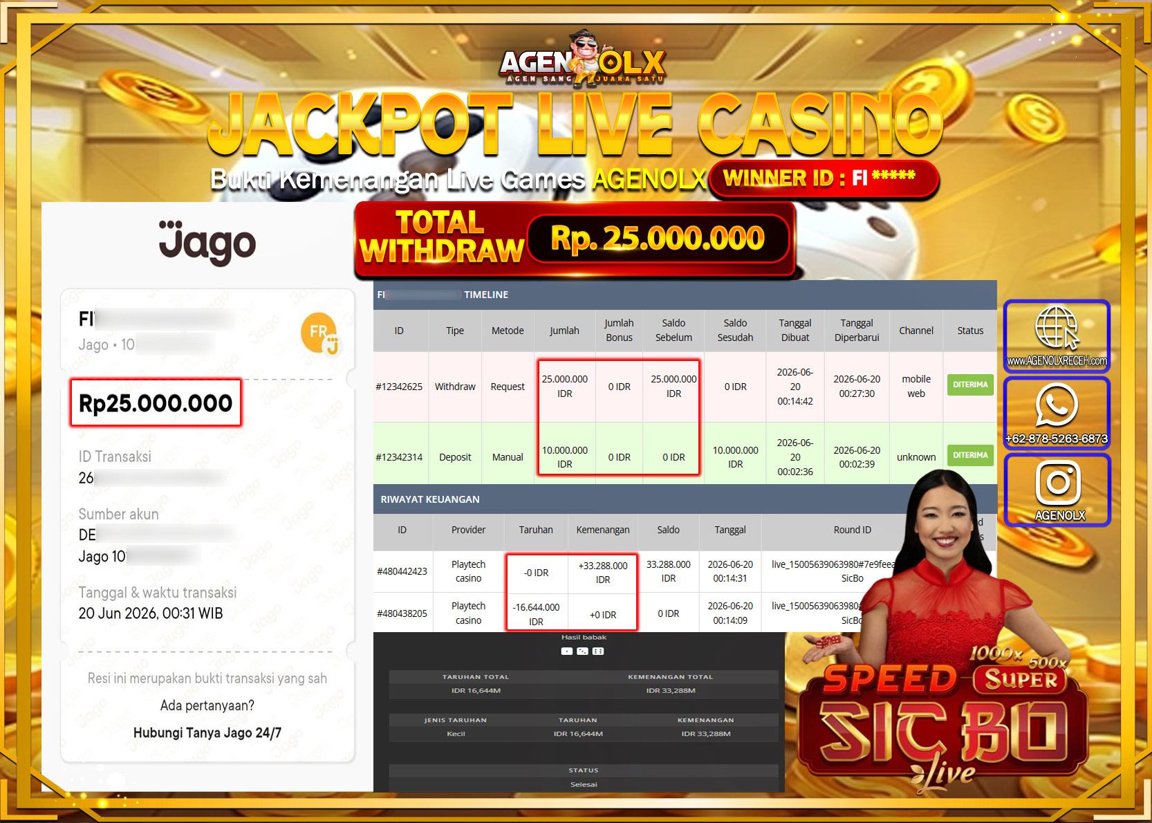 AGENOLX JACKPOT LIVE CASINO SPEED SIC BO Rp 25.000.000 - LUNAS