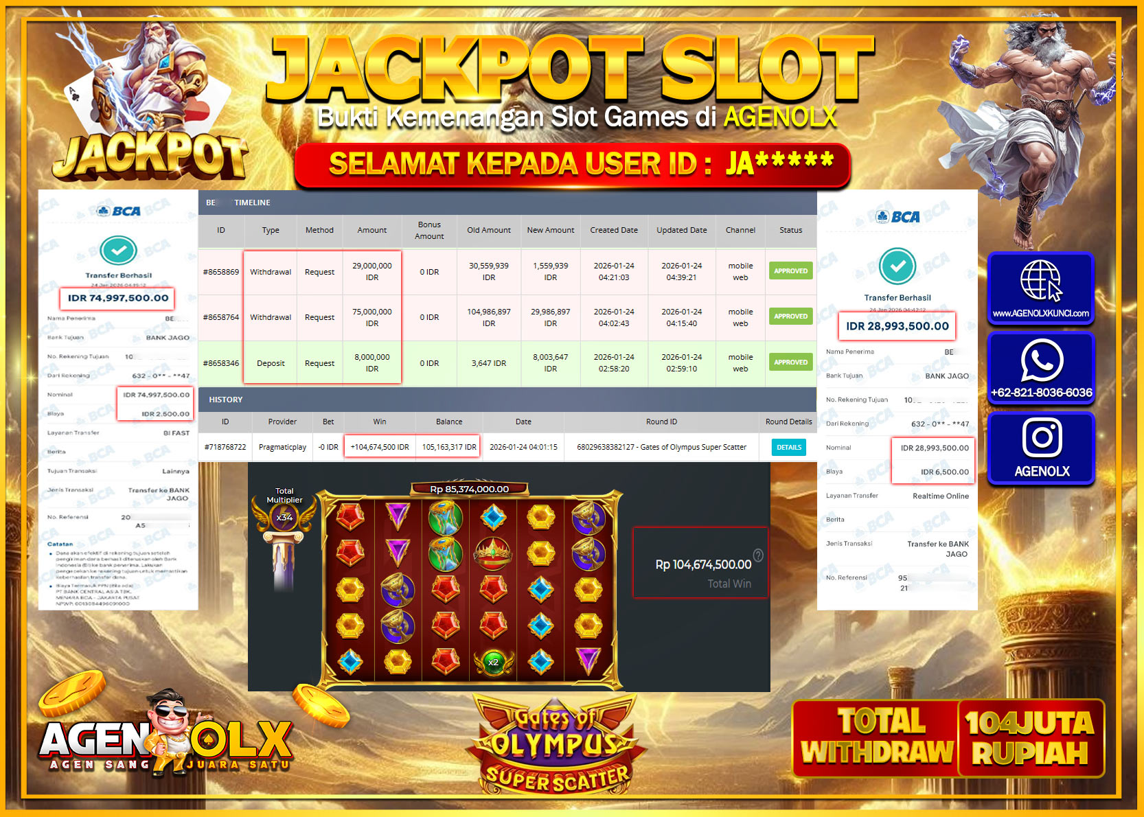AGENOLX JACKPOT SLOT GATES OF OLYMPUS SUPER SCATTER Rp 104.000.000 - LUNAS