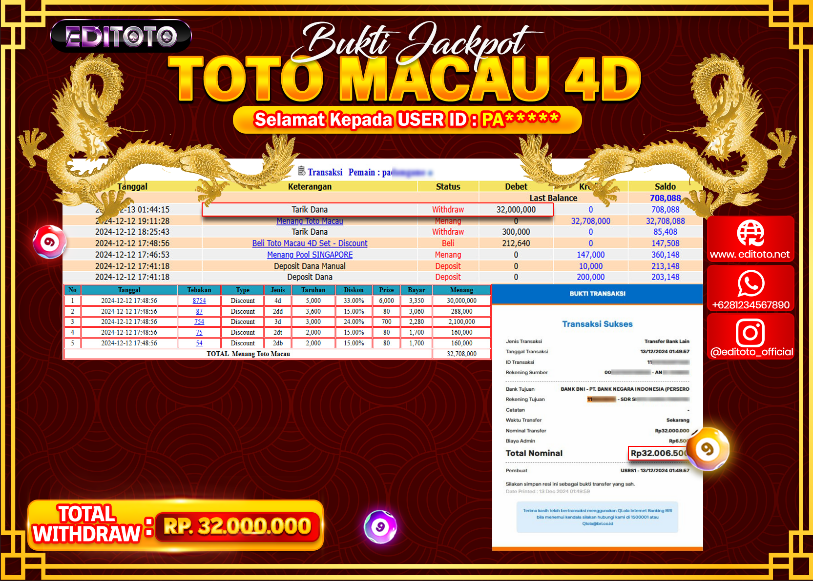 JACKPOT TOGEL PASARAN TOTOMACAU Rp.32.000.000.,- LUNAS