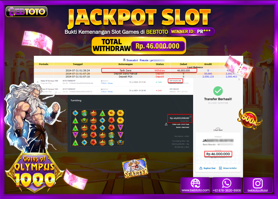 JACKPOT SLOT BEBTOTO Gates Of Olympus 1000 Rp.46.000.000.,- LUNAS