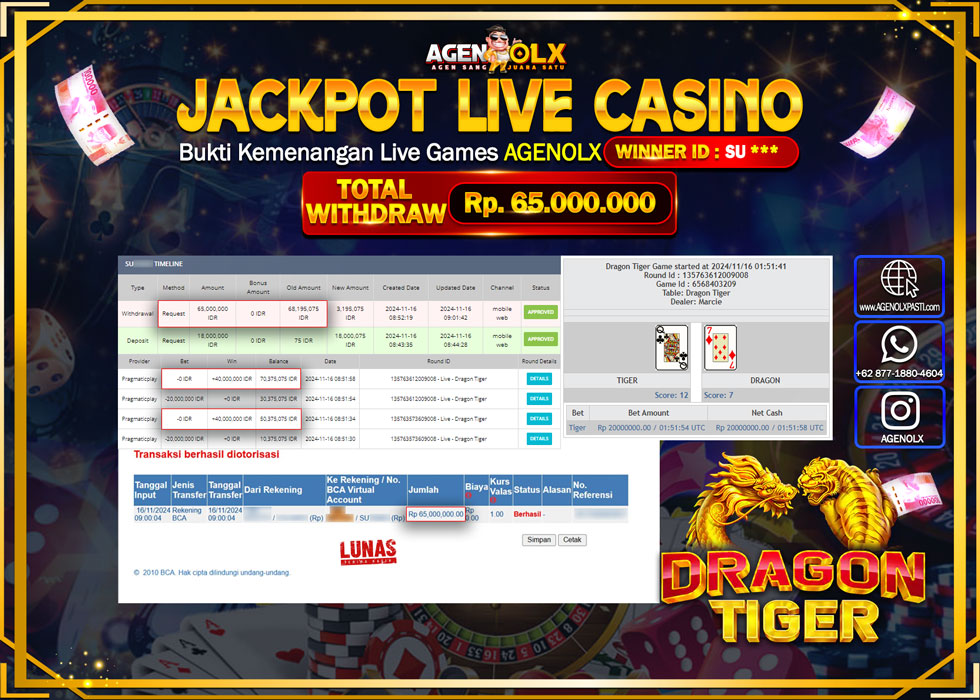 AGENOLX JACKPOT  LIVE CASINO DRAGON TIGER Rp 65.000.000,- LUNAS