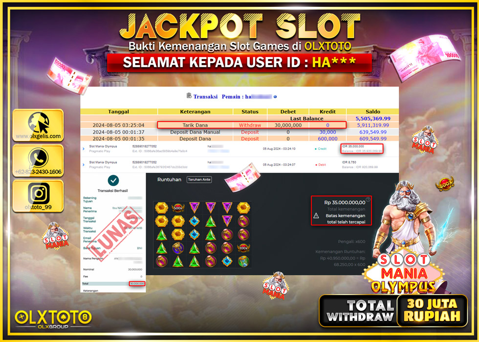 OLXTOTO JACKPOT  SLOT MANIA OLYMPUS Rp.30.000.000.,- LUNAS