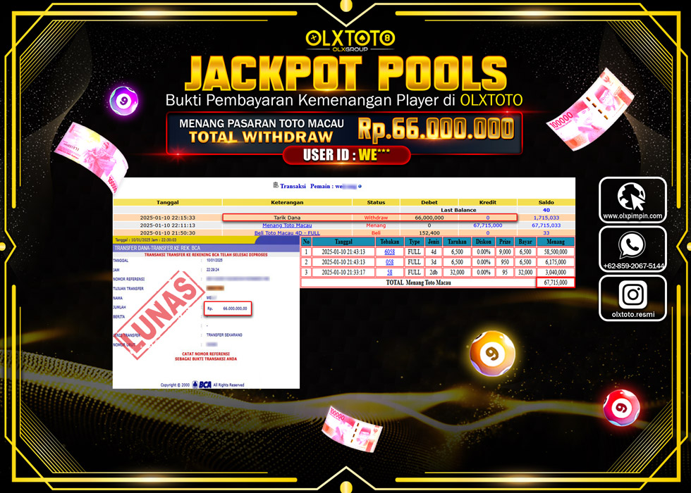 OLXTOTO JACKPOT  TOGEL POOL TOTO MACAU Rp.66.000.000.,- LUNAS
