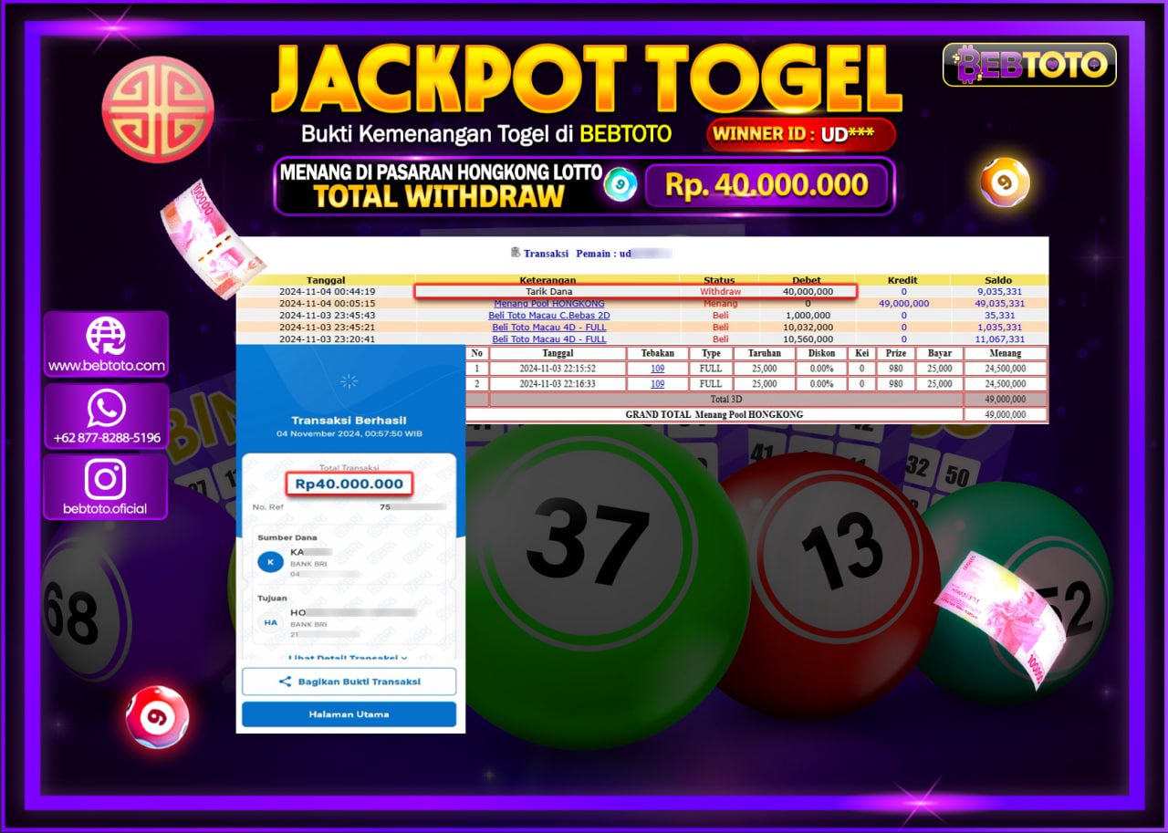 JACKPOT TOGEL BEBTOTO HONGKONG LOTTO Rp.40.000.000.,- LUNAS