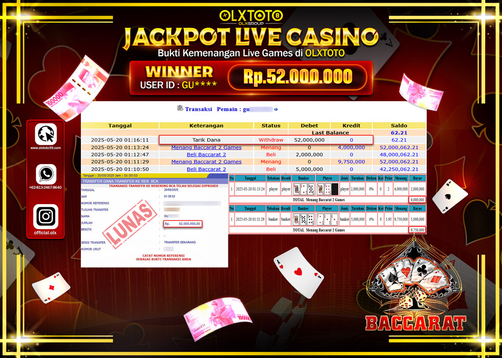 BINTANGSLOT77 JACKPOT  LIVE GAMES BACCARAT Rp.52.000.000.,- LUNAS