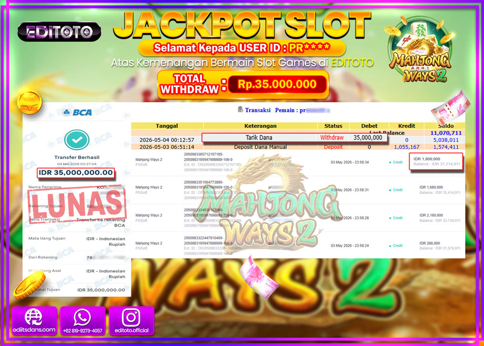 JACKPOT EDITOTO SLOT MAHJONG WAYS 2  Rp.35.000.000,- LUNAS
