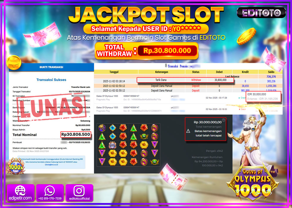 JACKPOT EDITOTO SLOT GATES OF OLYMPUS 1000  Rp.30.800.000,- LUNAS