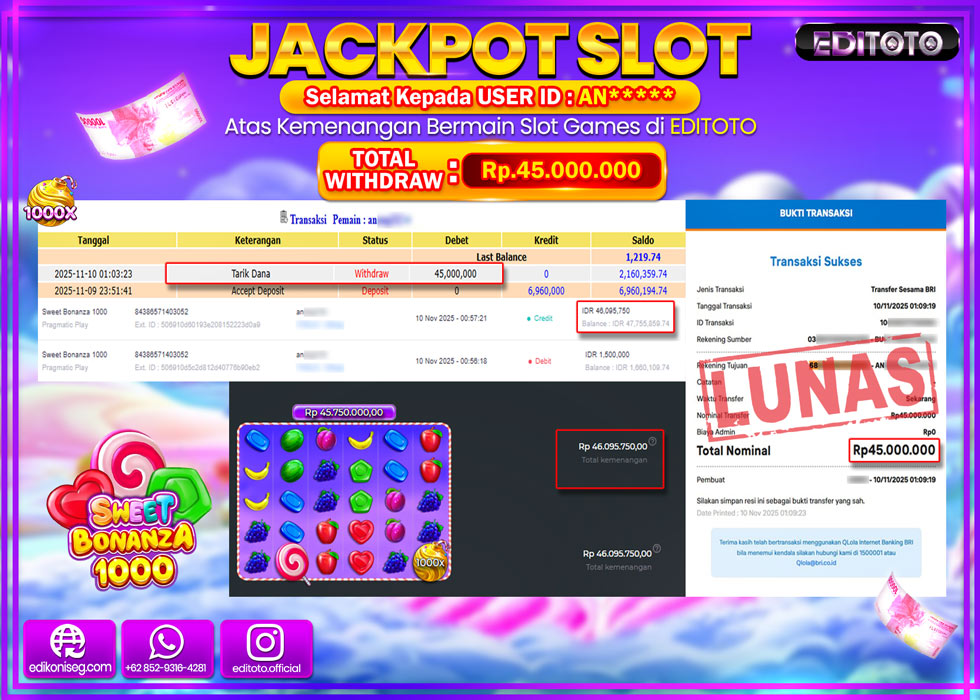 JACKPOT EDITOTO SLOT SWEET BONANZA 1000 Rp.45.000.000,- LUNAS