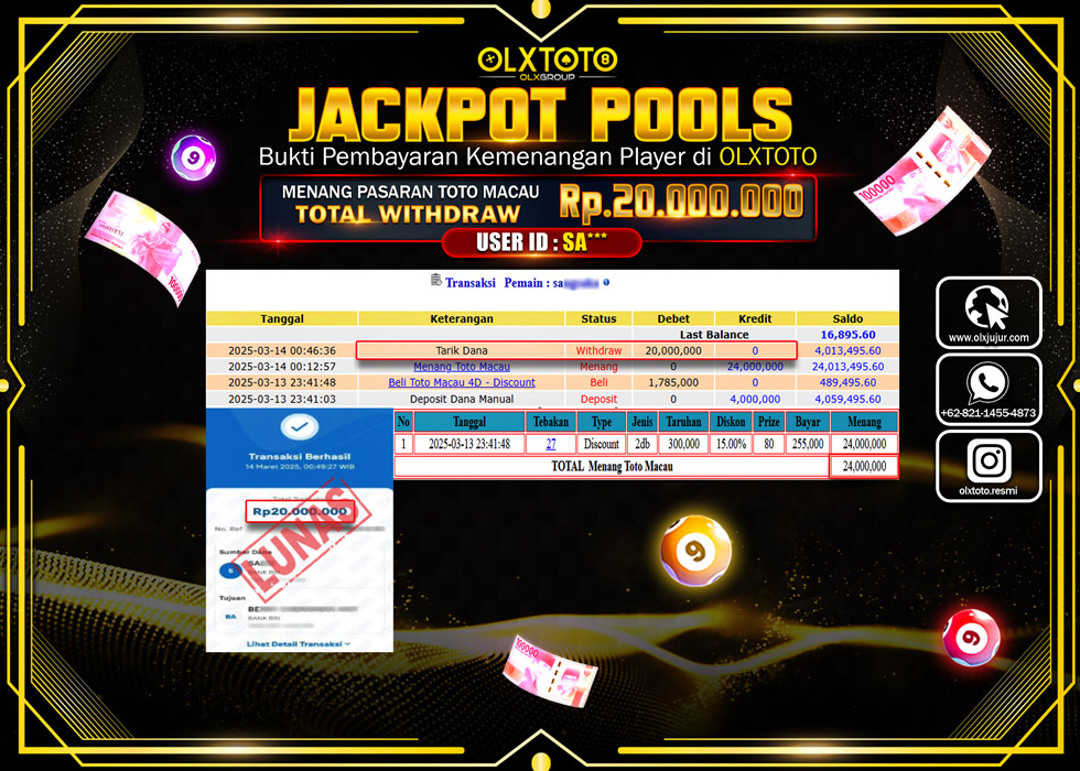OLXTOTO JACKPOT TOGEL PASARAN TOTO MACAU Rp.20.000.000.,- LUNAS
