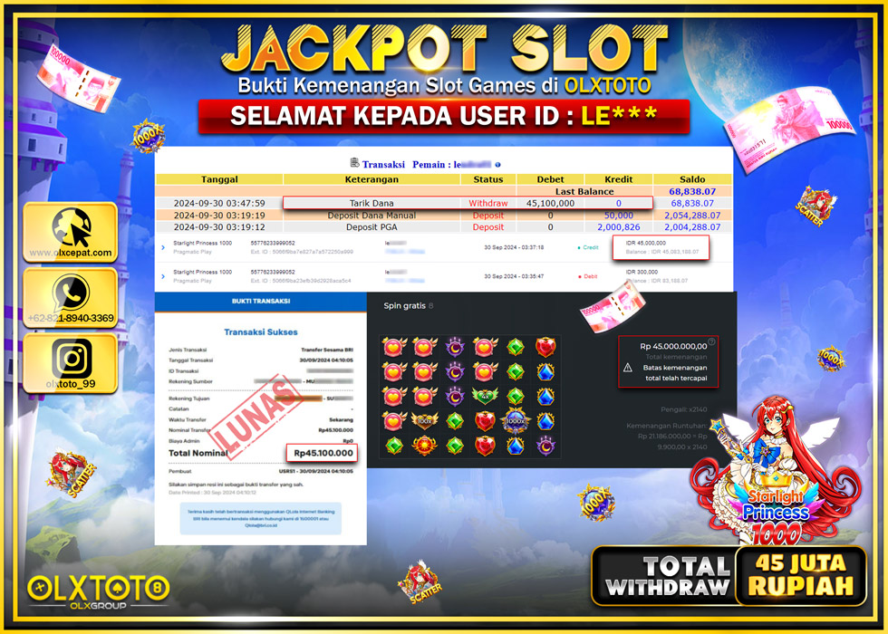 OLXTOTO JACKPOT  SLOT STARLIGHT PRINCESS 1000 Rp.45.100.000.,- LUNAS