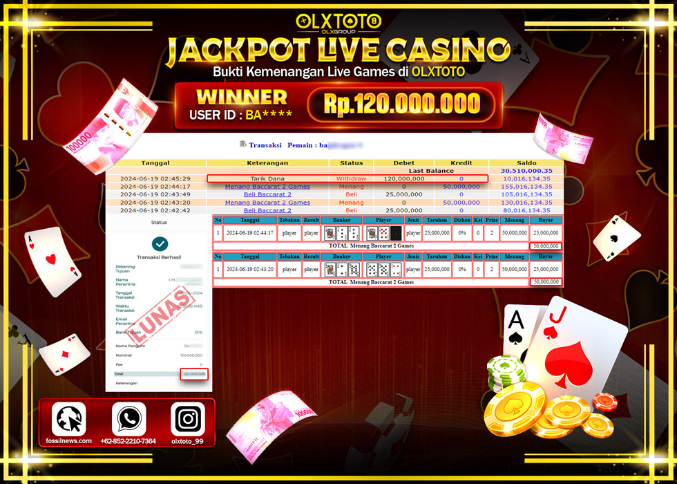 OLXTOTO JACKPOT LIVE GAME BACCARAT 2  Rp.120.000.000.,- LUNAS