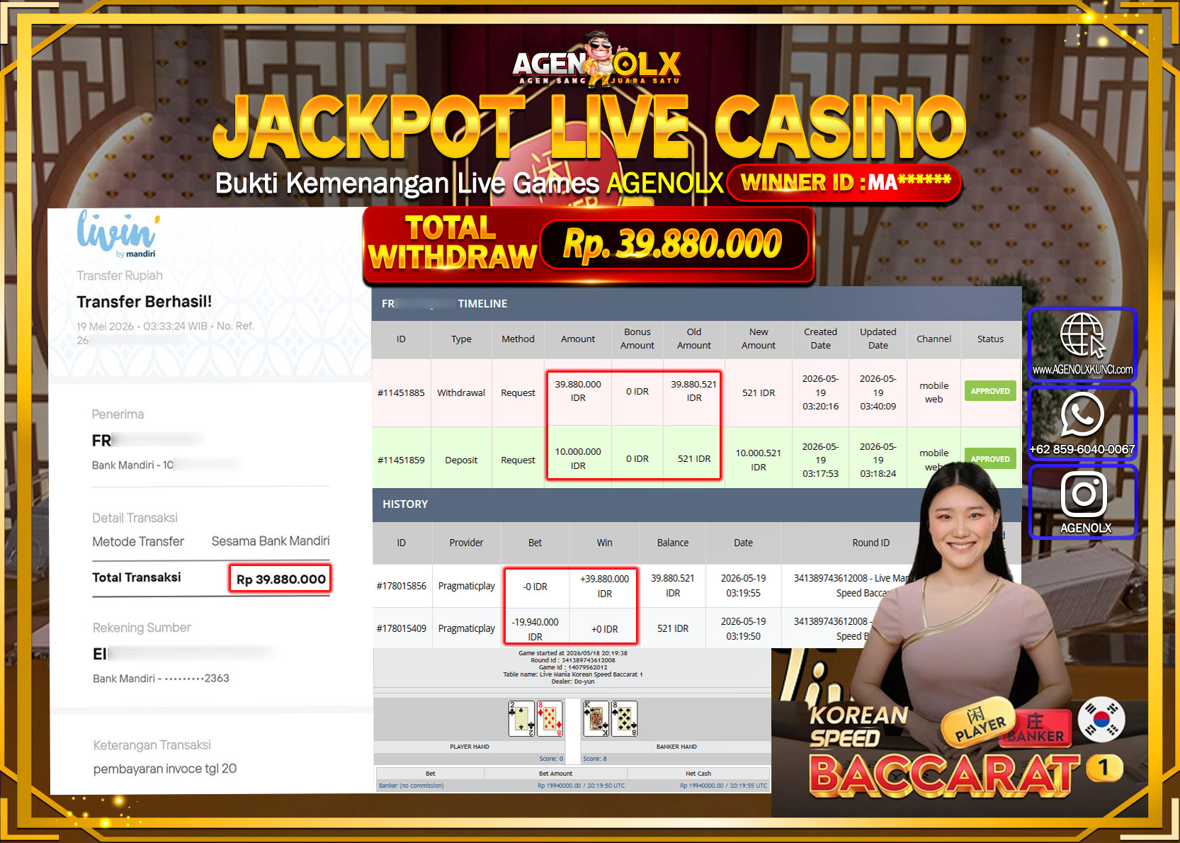 AGENOLX JACKPOT LIVE CASINO LIVE MANIA KOREA SPEED BACCARAT 1 Rp 39.880.000 - LUNAS