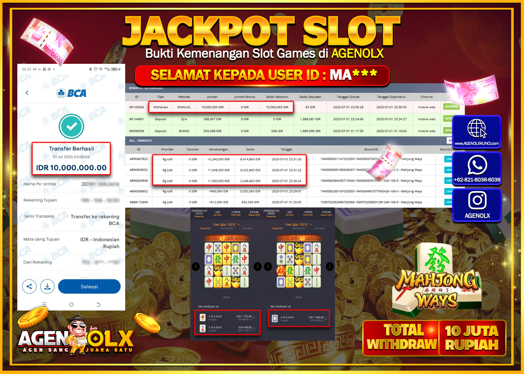 AGENOLX JACKPOT  SLOT MAHJONG WAYS  Rp 10.000.000,- LUNAS