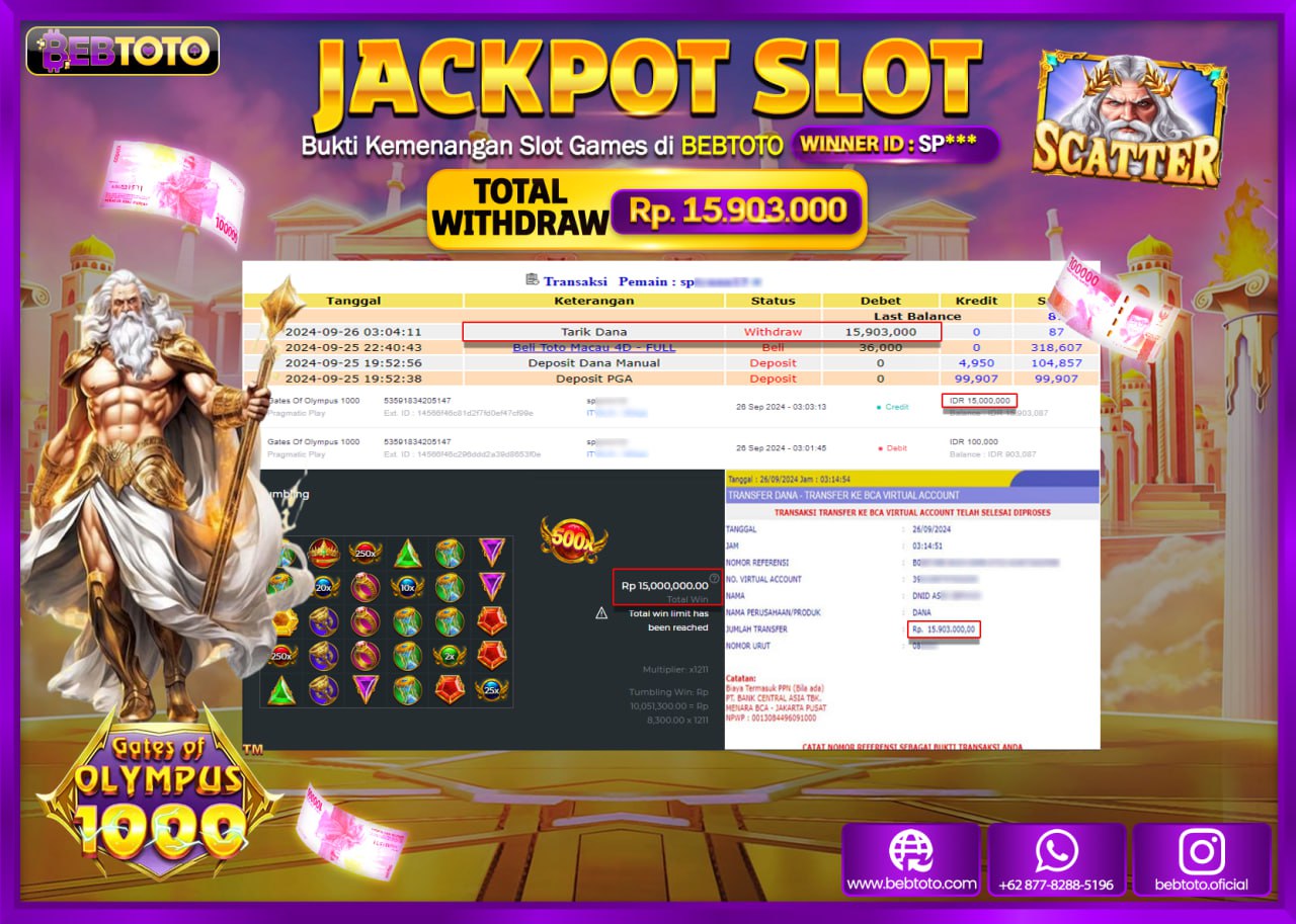 JACKPOT SLOT BEBTOTO GATES OF OLYMPUS 1000 Rp.15.903.000.,- LUNAS