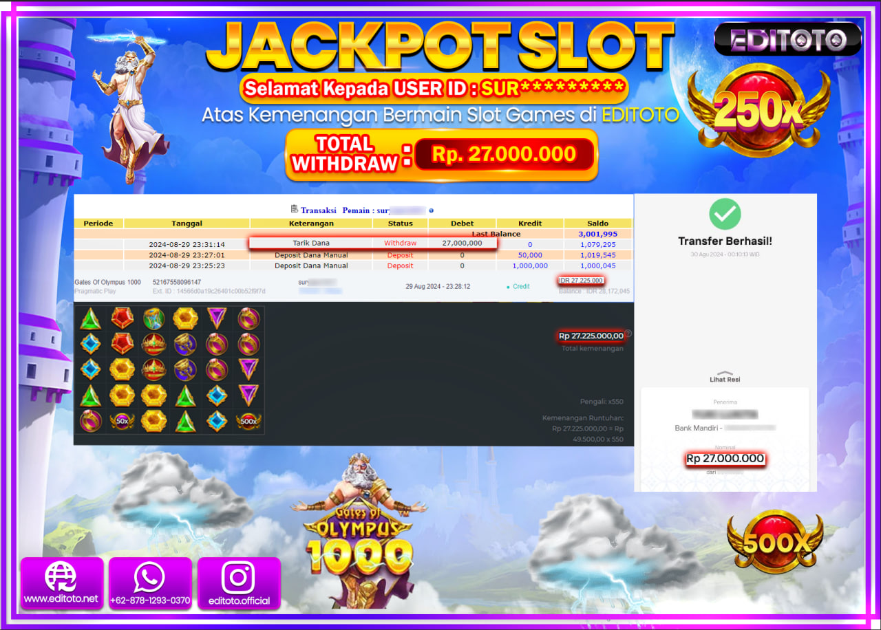 JACKPOT SLOT GATES OF OLYMPUS 1000   Rp.27.000.000.,- LUNAS