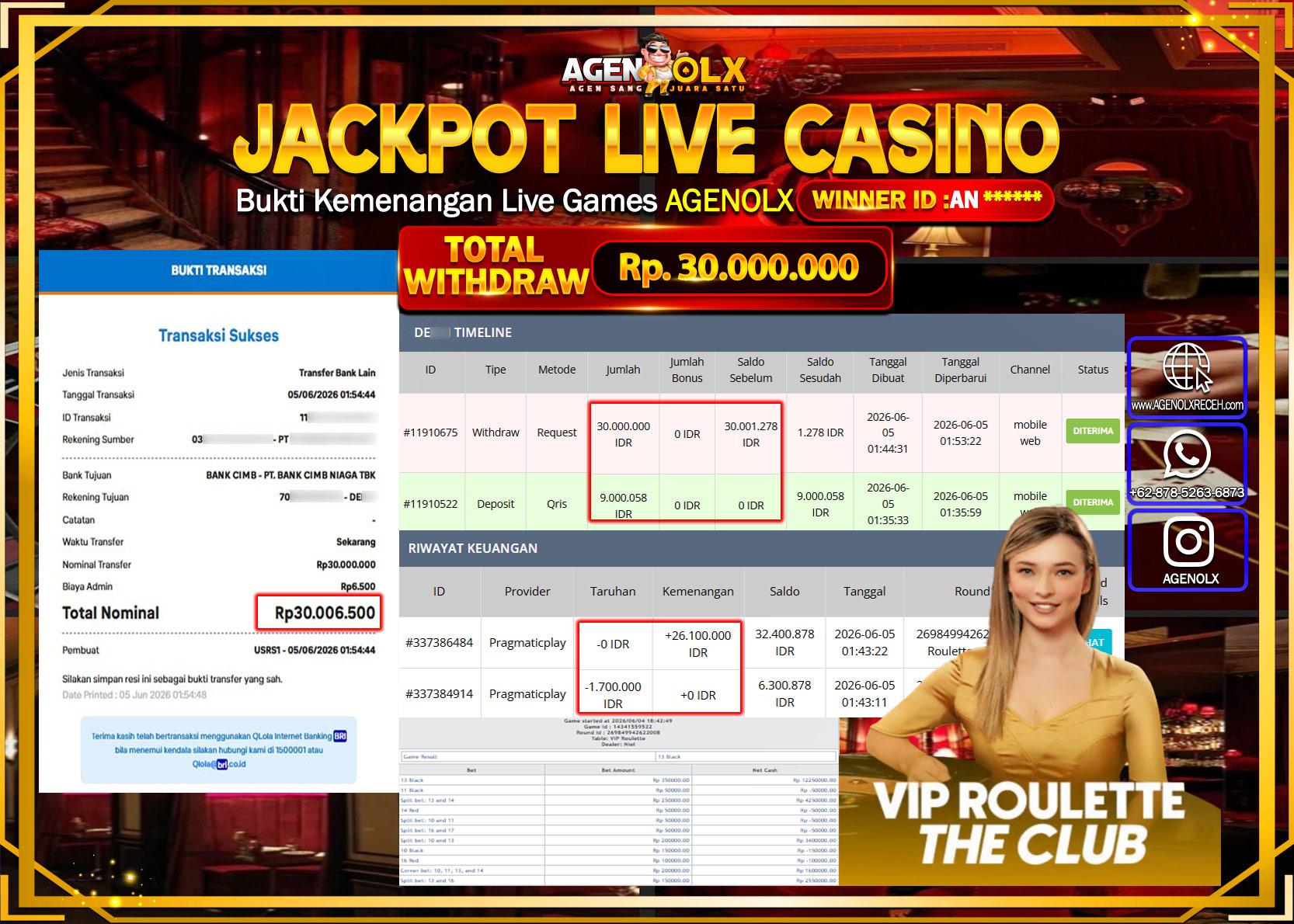AGENOLX JACKPOT LIVE CASINO VIP ROULETTE Rp 30.000.000- LUNAS