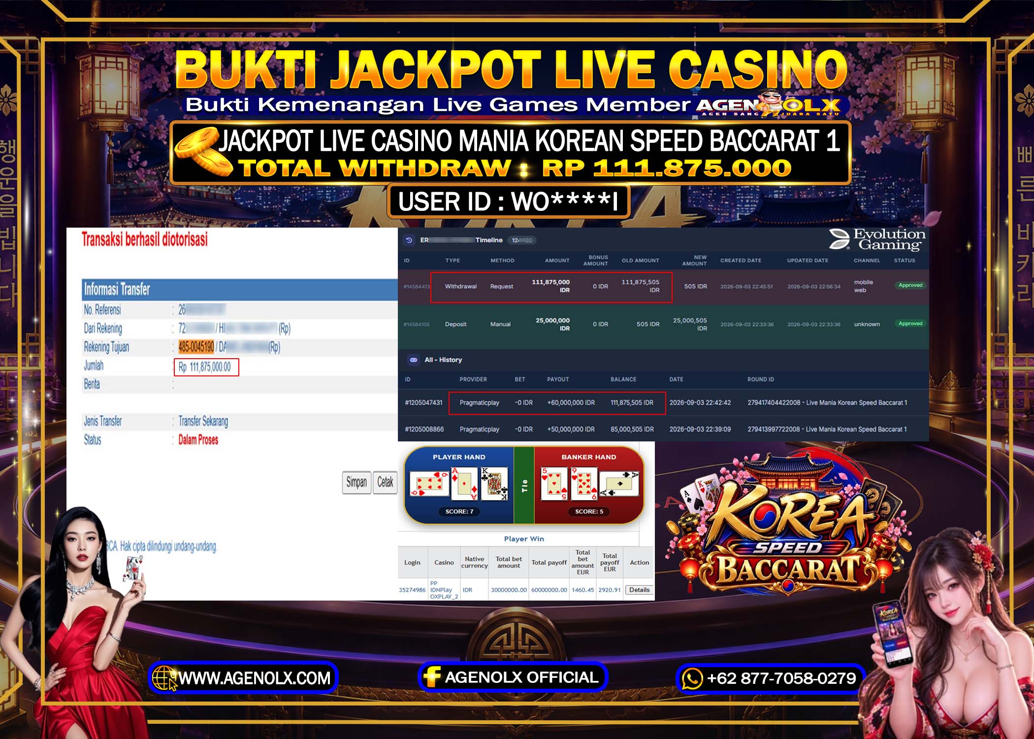 AGENOLX JACKPOT LIVE CASINO EVOLUTIN - KOREAN SPEED BACCARAT 1 RP 111.875.000 -LUNAS
