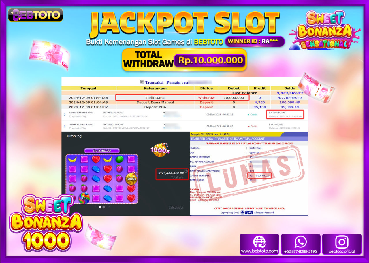 JACKPOT SLOT BEBTOTO SWEET BONANZA 1000 Rp.10.000.000.,- LUNAS