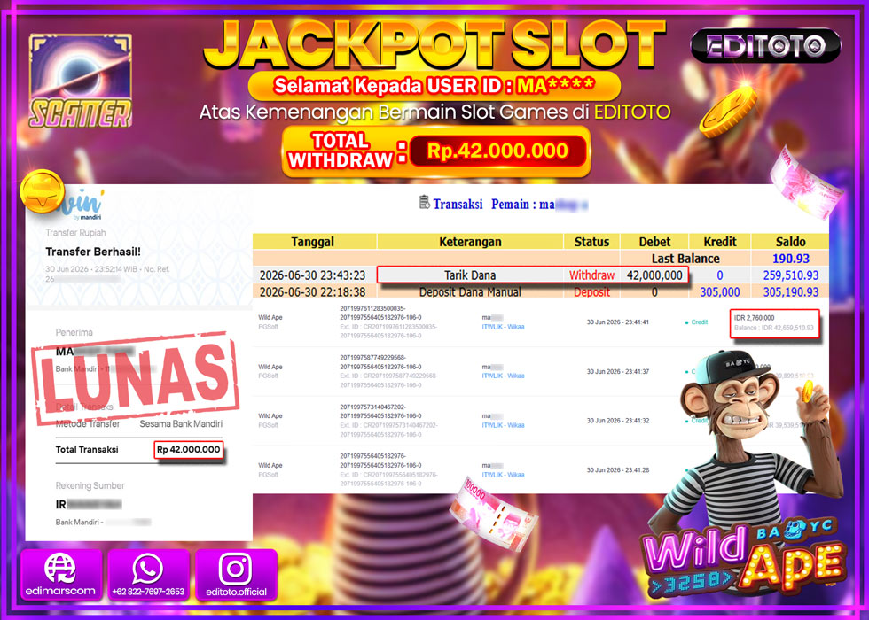 JACKPOT EDITOTO SLOT WILD APE Rp.42.000.000,- LUNAS