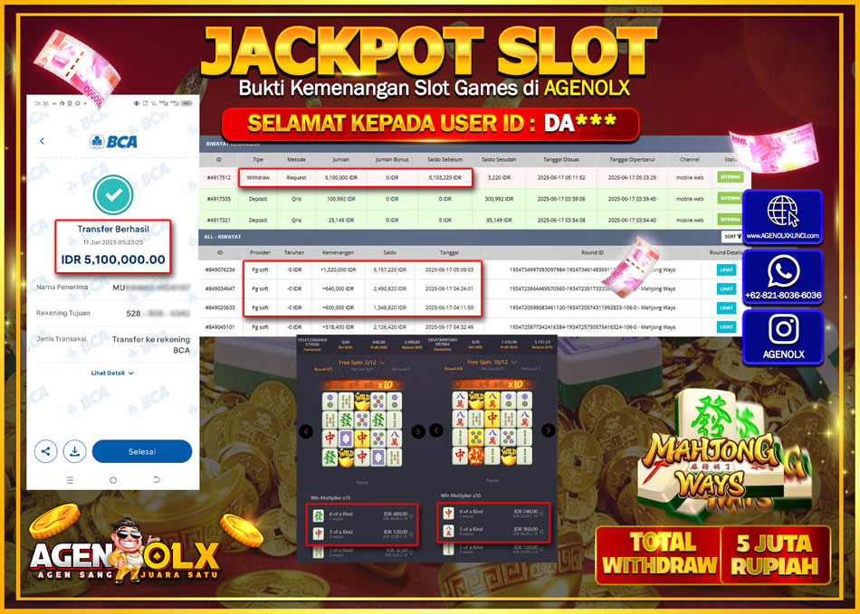 AGENOLX JACKPOT SLOT MAHJONG WAYS Rp 5.100.000,- LUNAS