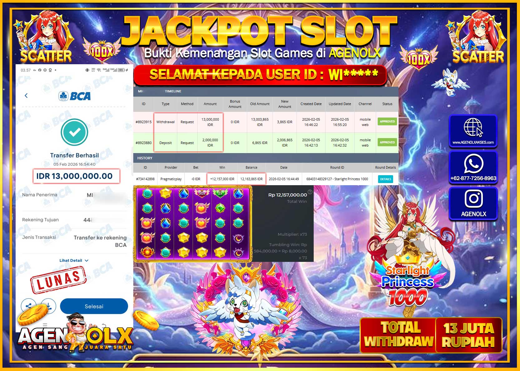 AGENOLX JACKPOT SLOT STARLIGHT PRINCESS 1000  Rp 13.000.000 - LUNAS