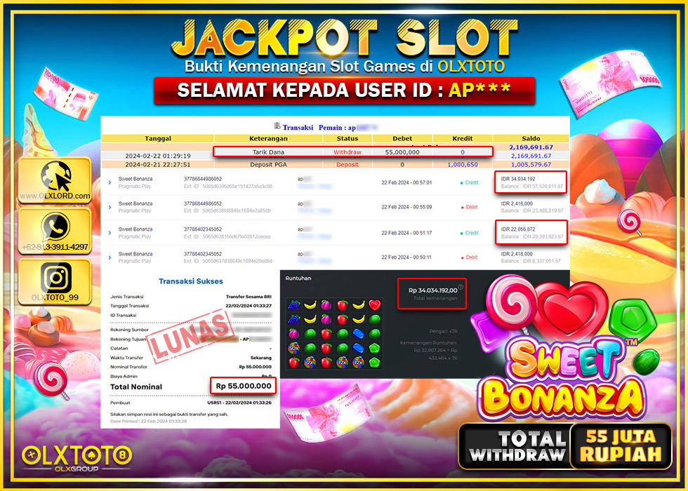OLXTOTO JACKPOT SLOT SWEET BONANZA Rp.55.000.000.,- LUNAS