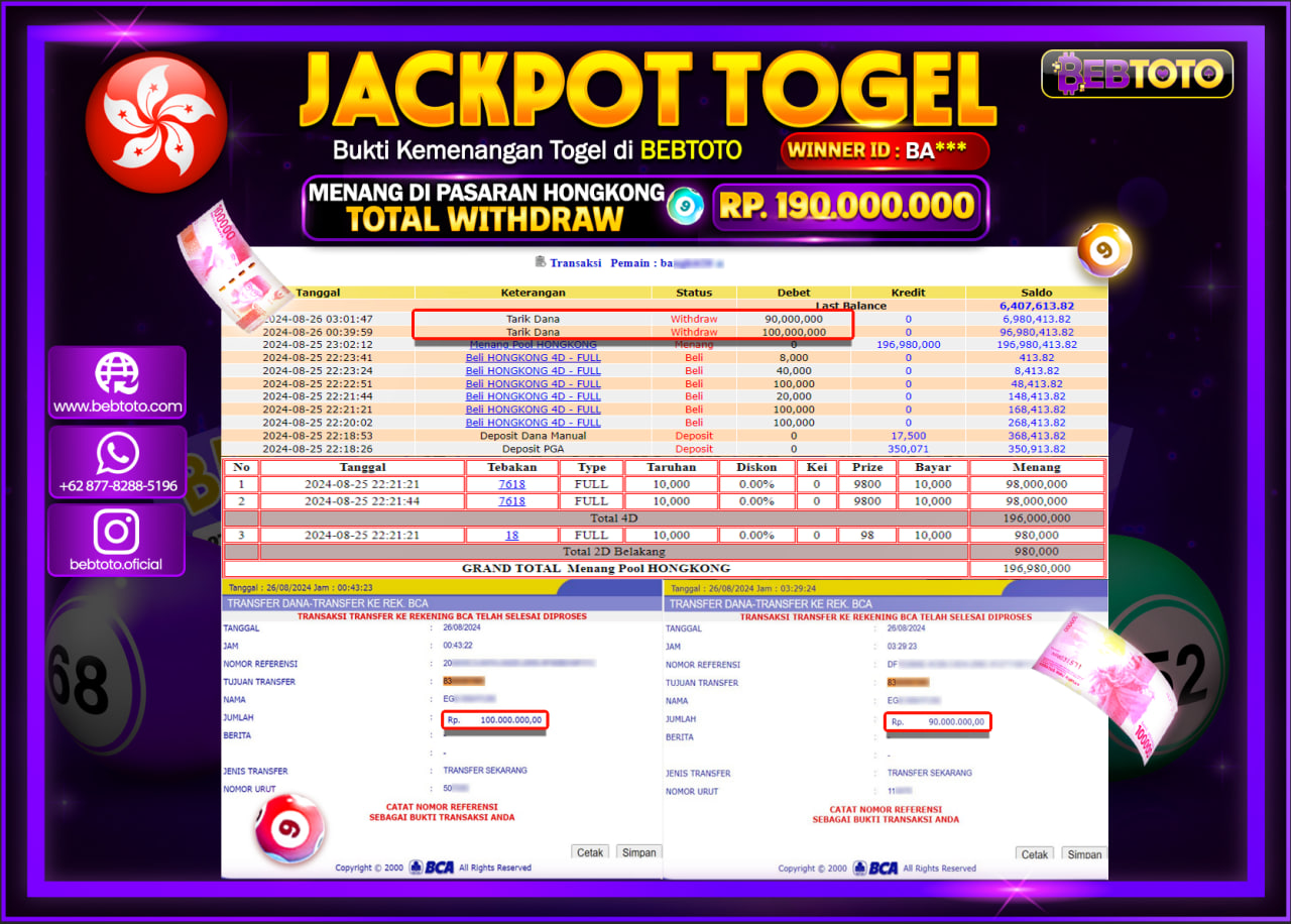 JACKPOT TOGEL BEBTOTO HONGKONG POOLS Rp.190.000.000.,- LUNAS
