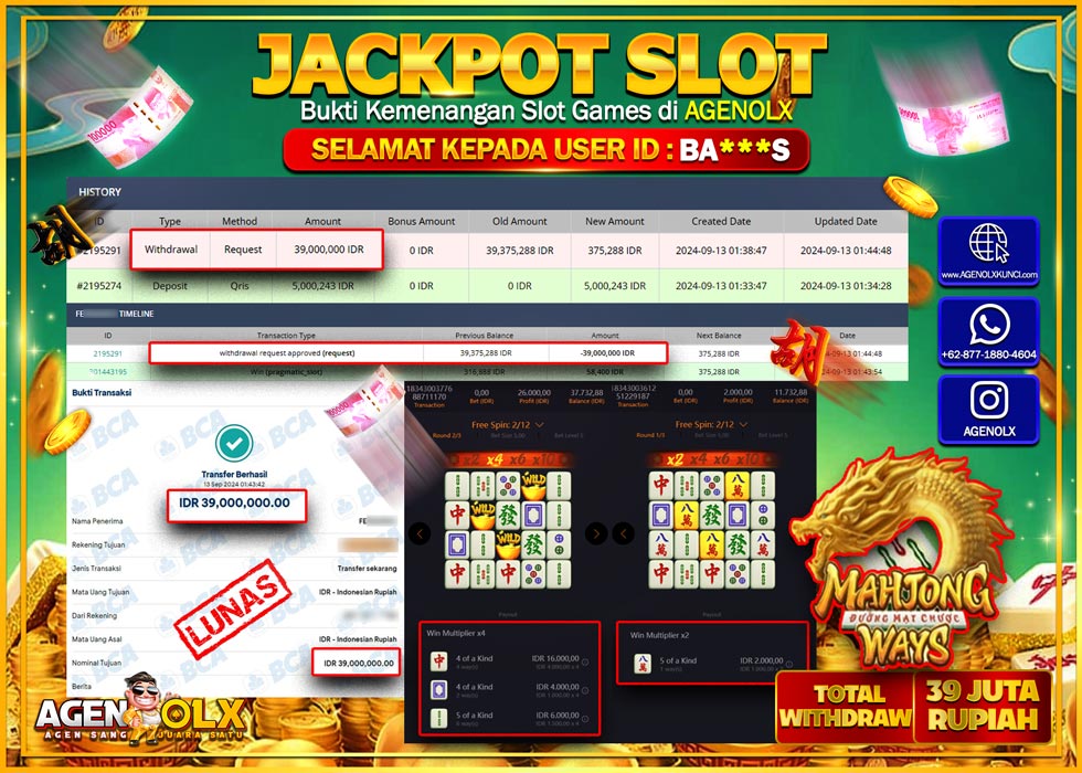 AGENOLX JACKPOT SLOT MAHJONG WAYS Rp.39.000.000,- LUNAS