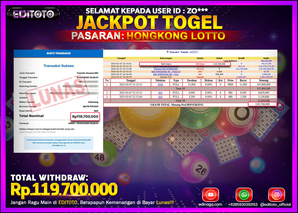 JACKPOT TOGEL PASARAN HONGKONG LOTTO Rp.119.700.000.,- LUNAS