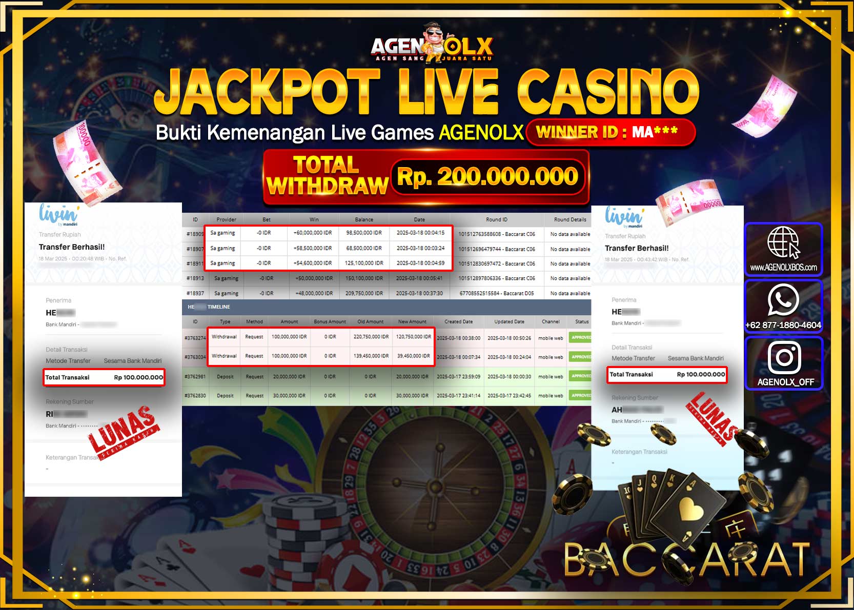 AGENOLX JACKPOT  LIVE CASINO BACCARAT Rp 200.000.000,- LUNAS
