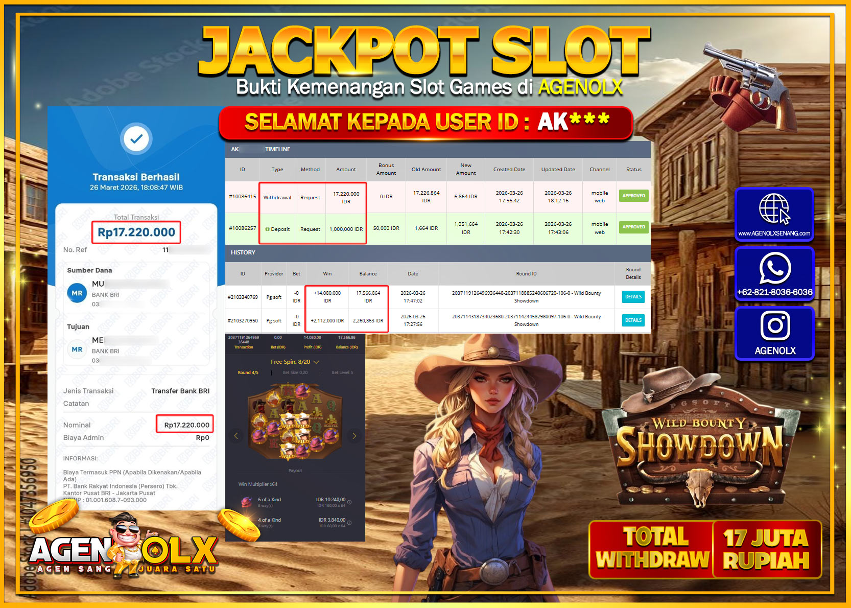 AGENOLX JACKPOT SLOT WILD BOUNTY SHOTDOWN Rp 17.220.000 - LUNAS