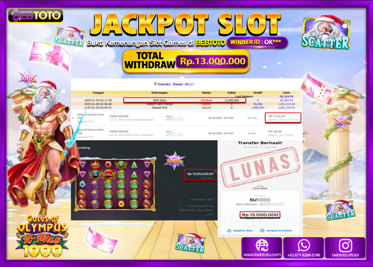 JACKPOT SLOT BEBTOTO GATES OF OLYMPUS X-MAS 1000 Rp.13.000.000.,- LUNAS