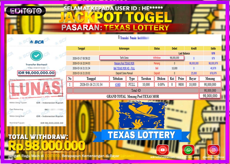 JACKPOT EDITOTO TOGEL PASARAN TEXAS LOTTERY Rp.98.000.000.,- LUNAS