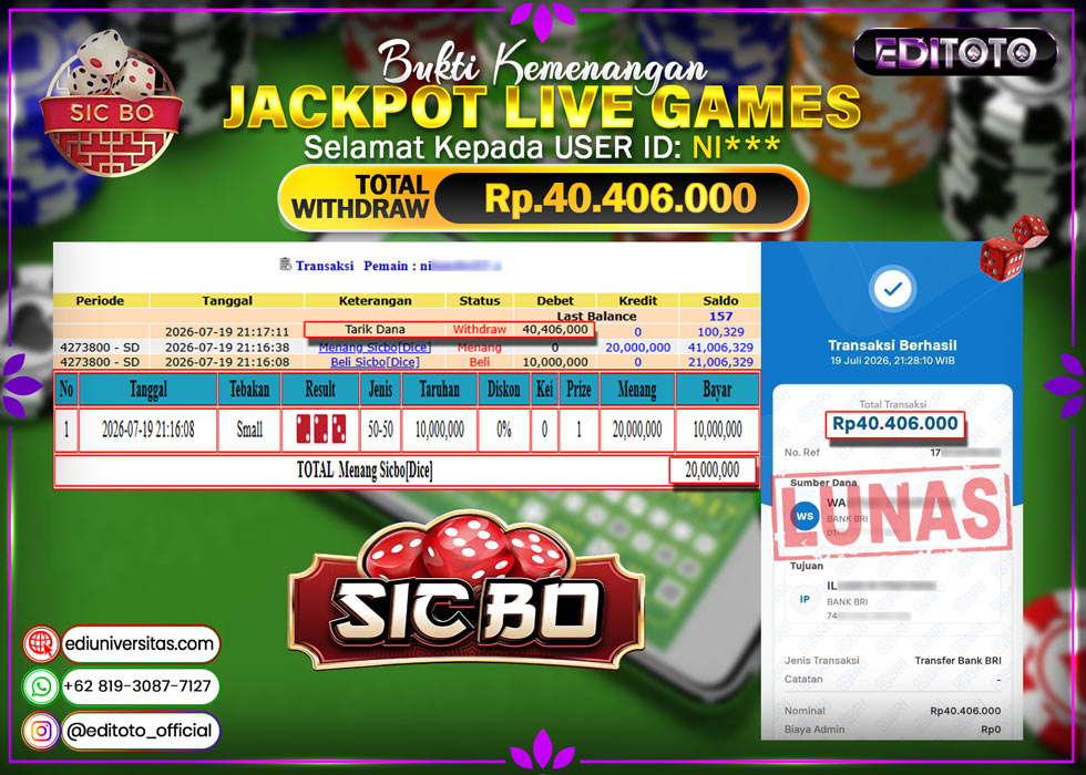 JACKPOT EDITOTO LIVE GAMES SICBO DICE GAMES Rp. 40.406.000.,- LUNAS