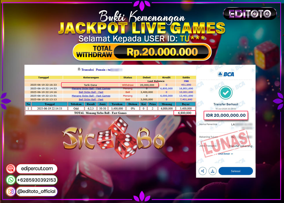 JACKPOT EDITOTO LIVE GAMES SICBO BALL FAST GAMES  Rp. 20.000.000.,- LUNAS