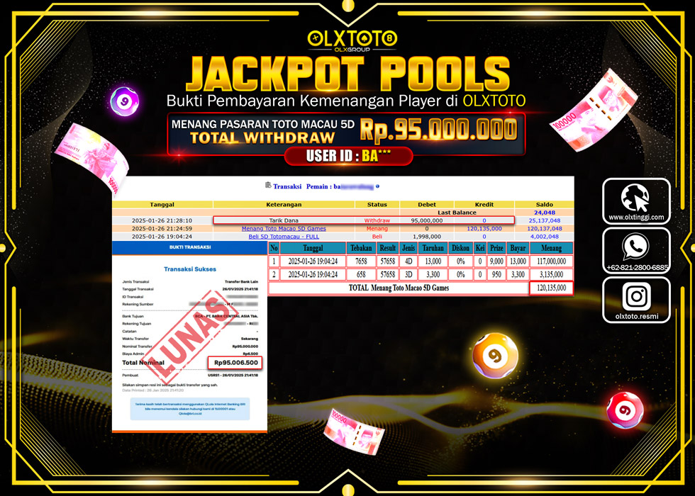 OLXTOTO JACKPOT  TOGEL POOL TOTO MACAU 5D Rp.95.000.000.,- LUNAS