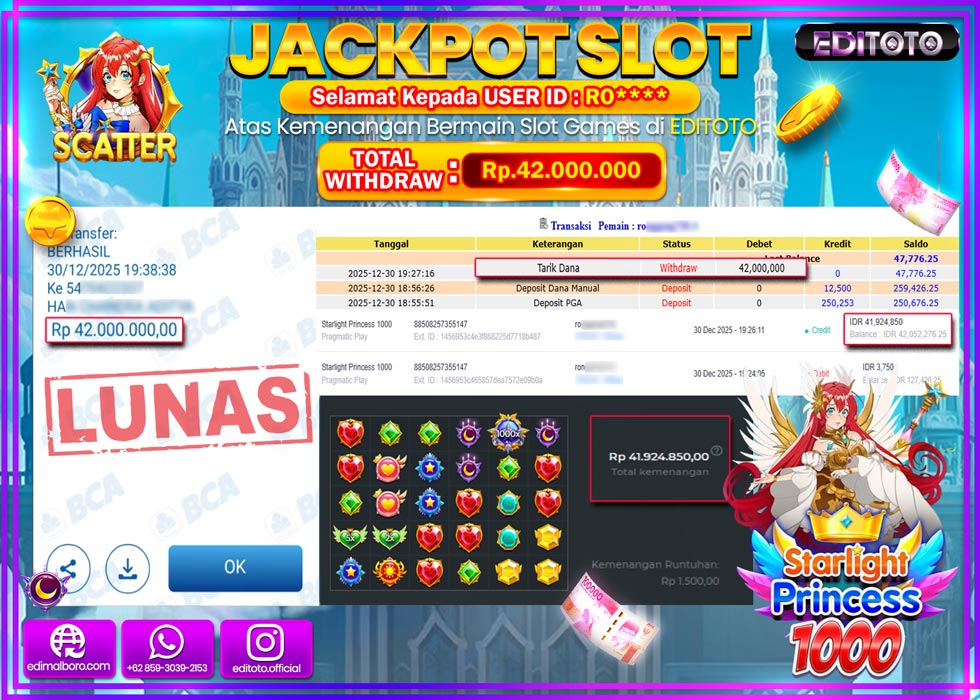 JACKPOT EDITOTO SLOT STARLIGHT PRINCES 1000  Rp.42.000.000,- LUNAS  
