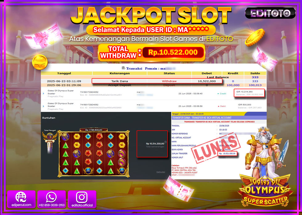 JACKPOT EDITOTO SLOT GATES OF OLYMPUS SUPER SCATTER Rp.10.522.000,- LUNAS